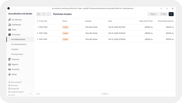 YOUSR purchase invoice module screenshot